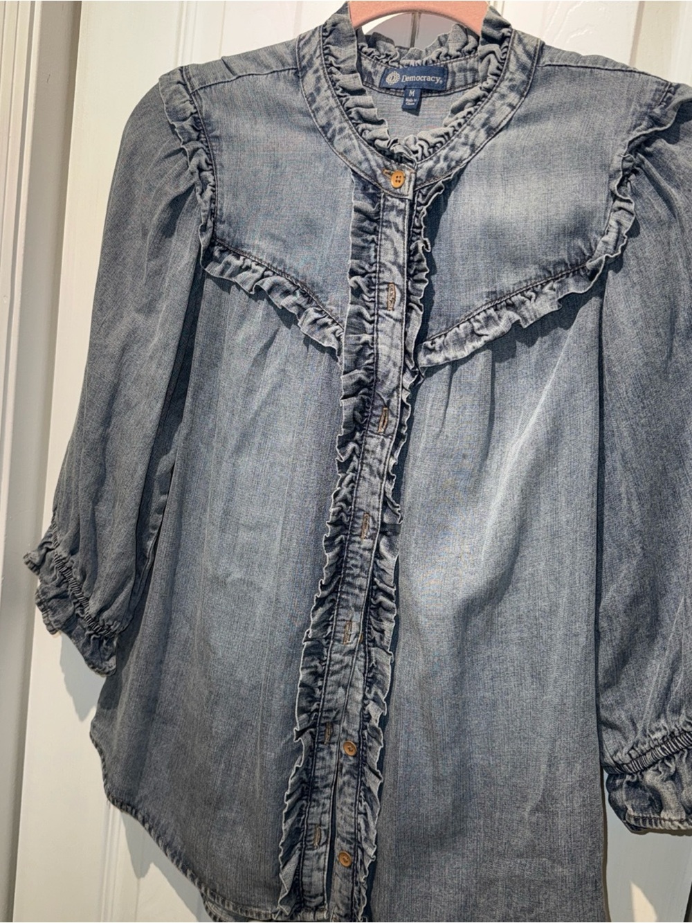 Democracy Light Indigo Ruffled Chambray Blouse